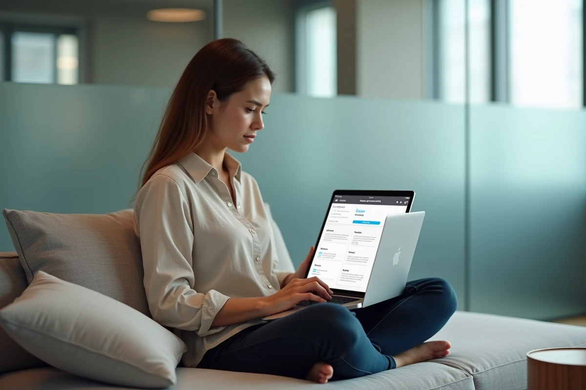Responsable marketing configurant son abonnement B2B sur ordinateur portable dans une salle de réunion moderne