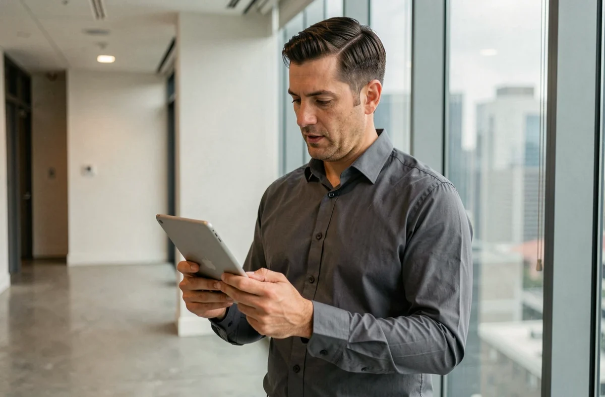 Cadre consultant son espace personnel RH sur une tablette dans un couloir d'entreprise