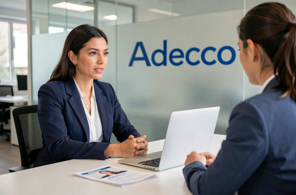 Conseillère en recrutement Adecco discutant avec un candidat dans une agence en Occitanie