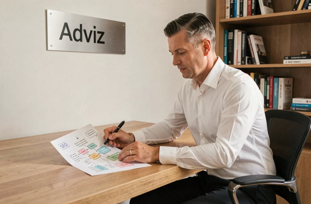 Consultant en stratégie digitale de l'agence Adviz analysant une feuille de route SEO