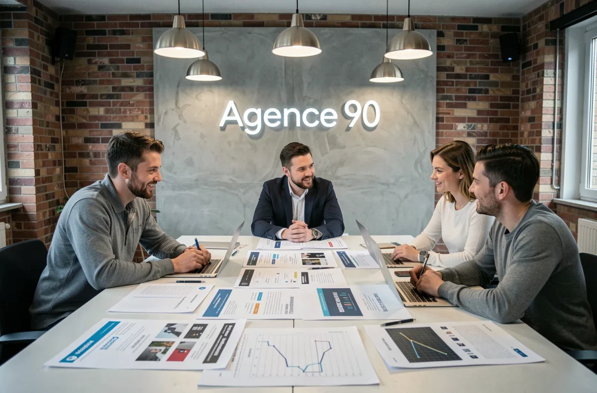 Équipe de l'Agence 90 en réunion stratégique autour de maquettes web et rapports SEO