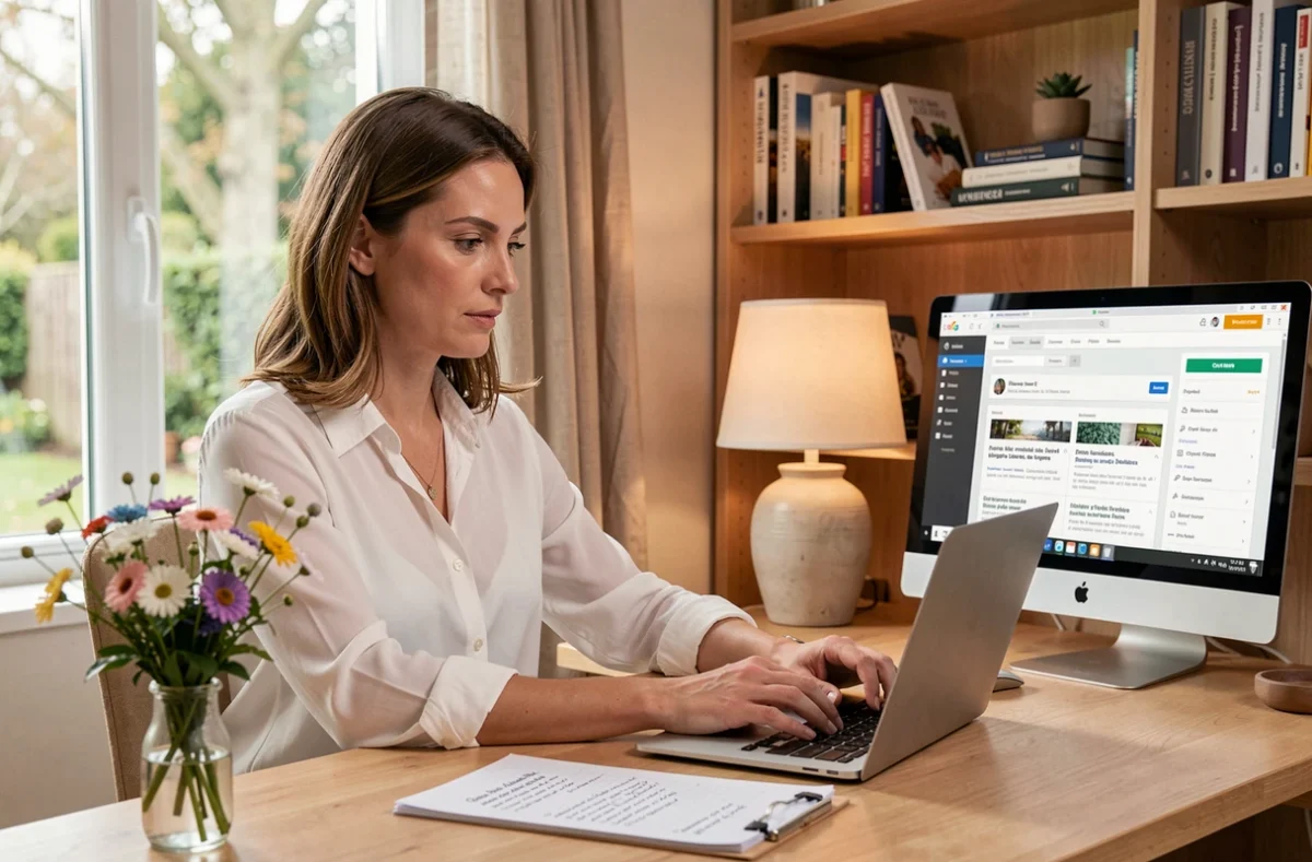 Consultante de Cécile Web rédigeant du contenu web depuis un bureau à domicile soigneusement aménagé