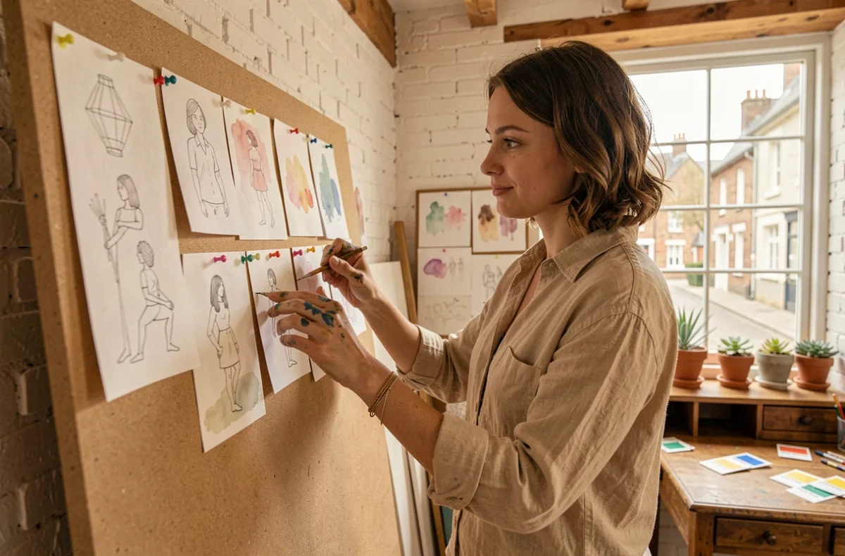 Créatrice de l'agence Dream Me Up épinglant des esquisses de wireframes dans un studio artistique lumineux