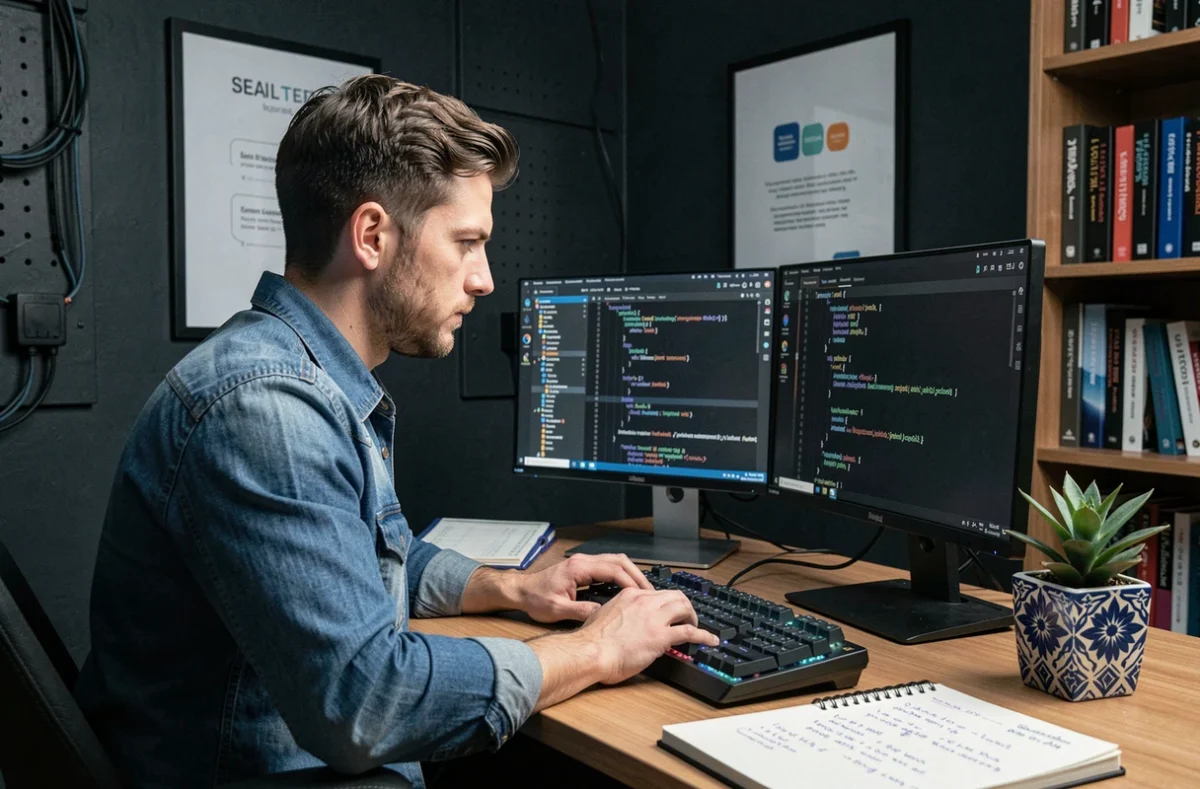 Développeur de l'agence E-déclic codant une interface web dans un studio technique sombre et organisé