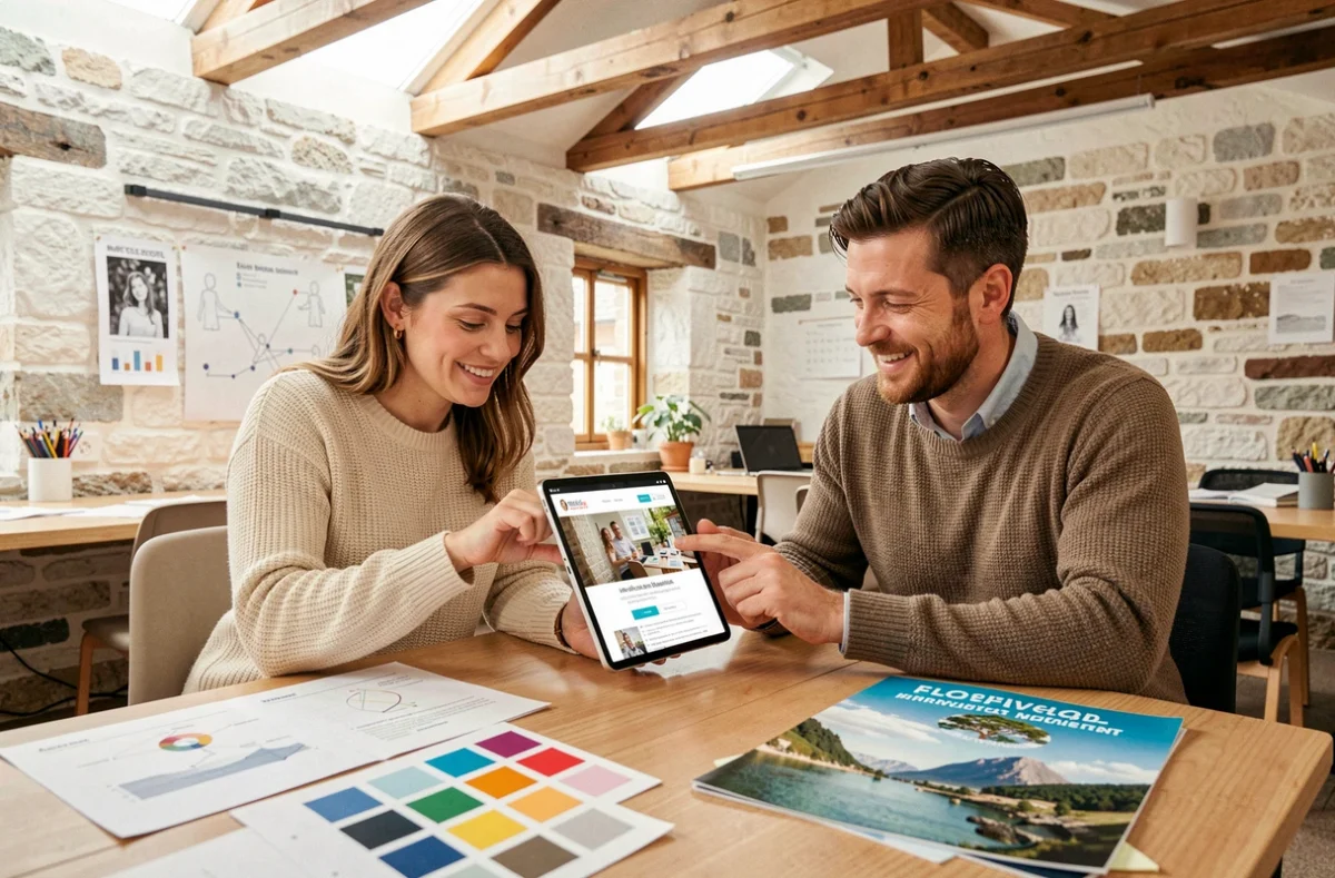 Équipe de l'agence E-Dilik évaluant un site mobile pour un client local dans un espace de coworking breton