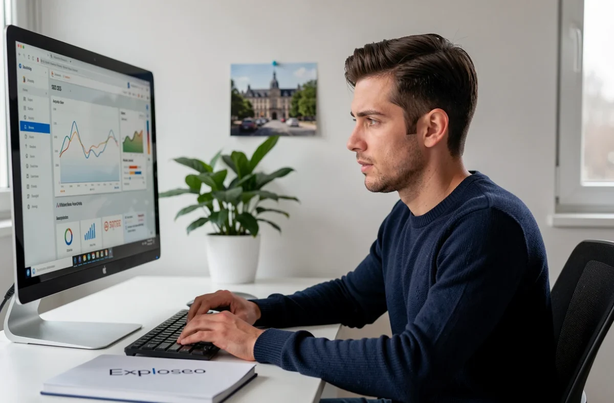 Consultant SEO de l'agence Exploseo analysant des données de référencement sur son ordinateur