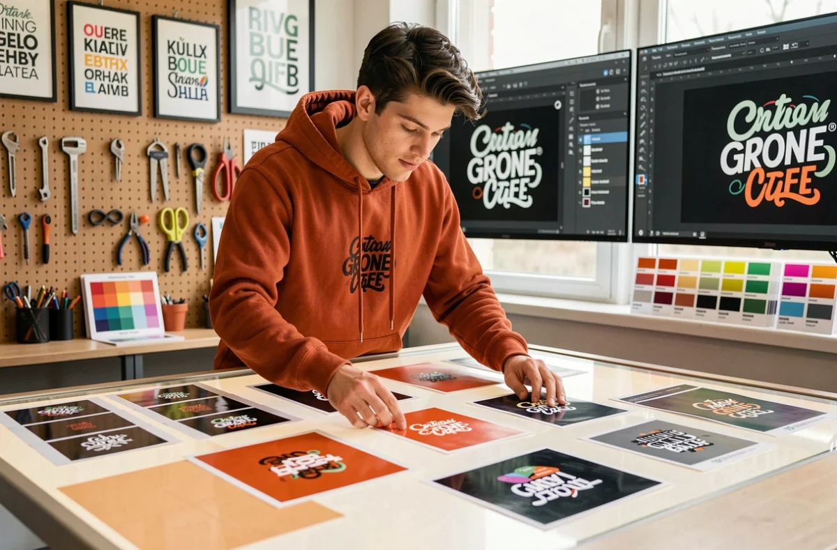 Graphiste de l'agence Graphikup arrangeant des identités visuelles et logos imprimés sur une table lumineuse en studio