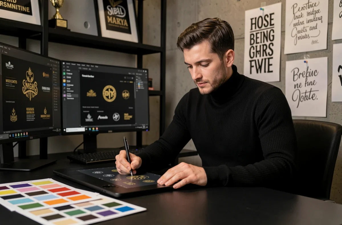 Designer de l'agence Oscar Black travaillant sur une identité visuelle audacieuse dans un studio créatif sombre