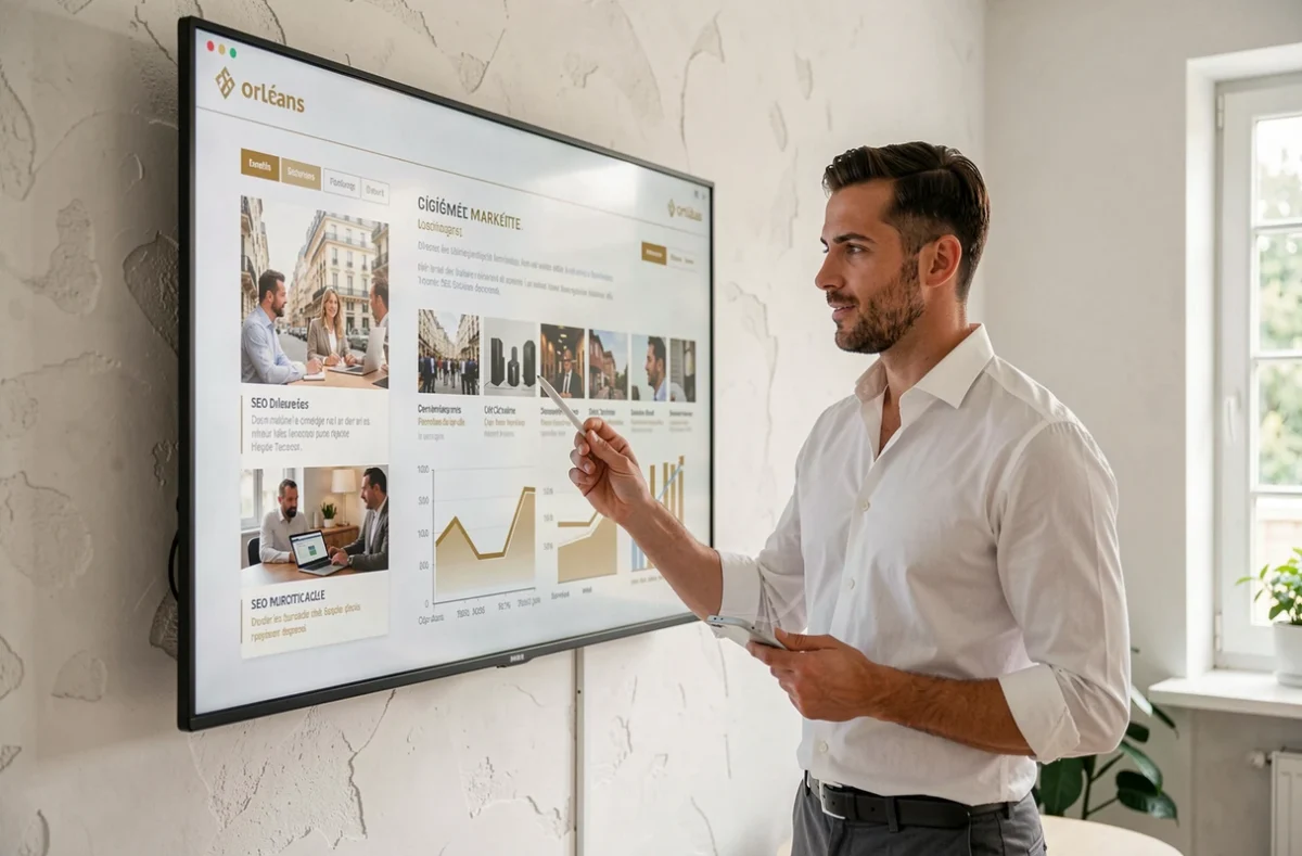 Stratège digital de l'agence 1789.fr à Orléans présentant une campagne de marketing numérique sur un grand écran avec des graphiques de performance SEO