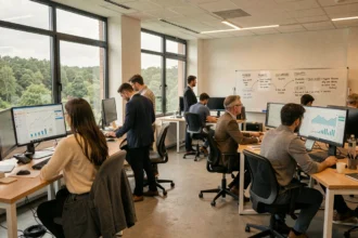 Bureau d'une agence SEO dans les Ardennes avec équipe au travail sur des stratégies de référencement naturel