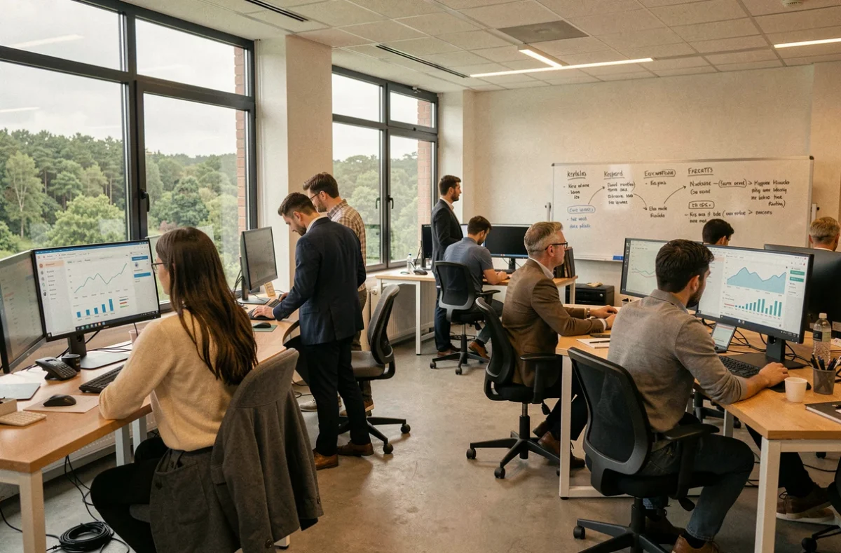 Bureau d'une agence SEO dans les Ardennes avec équipe au travail sur des stratégies de référencement naturel