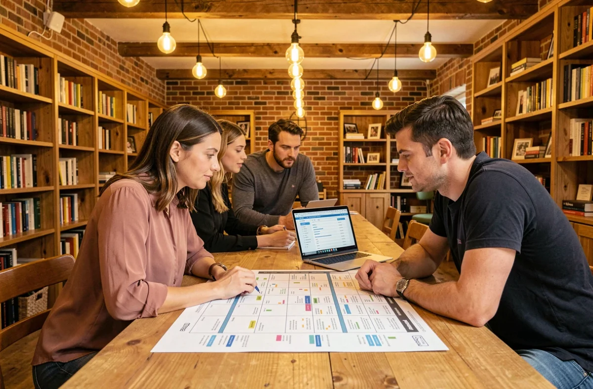 Chef de projet SEO de l'agence Arobases à Tours animant une session de planification de contenu avec deux collègues dans un espace de travail chaleureux aux poutres apparentes