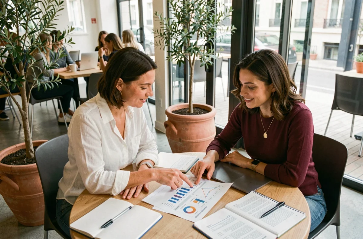 Deux professionnelles de l'agence Collect and Co à Orléans collaborant autour d'une table dans un espace de coworking lumineux avec des rapports marketing imprimés