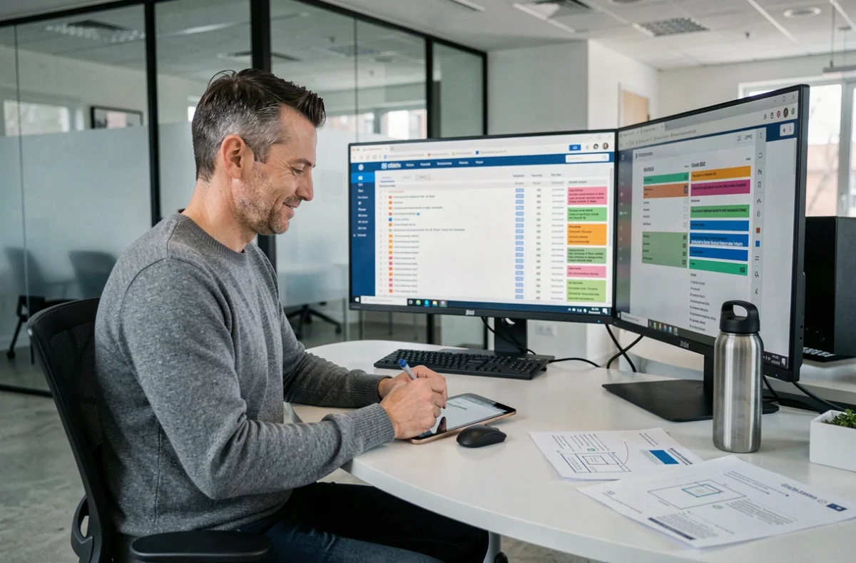 Stratège SEO de l'agence Ekko Media à Orléans travaillant sur une tablette graphique avec un rapport d'audit technique affiché sur grand écran