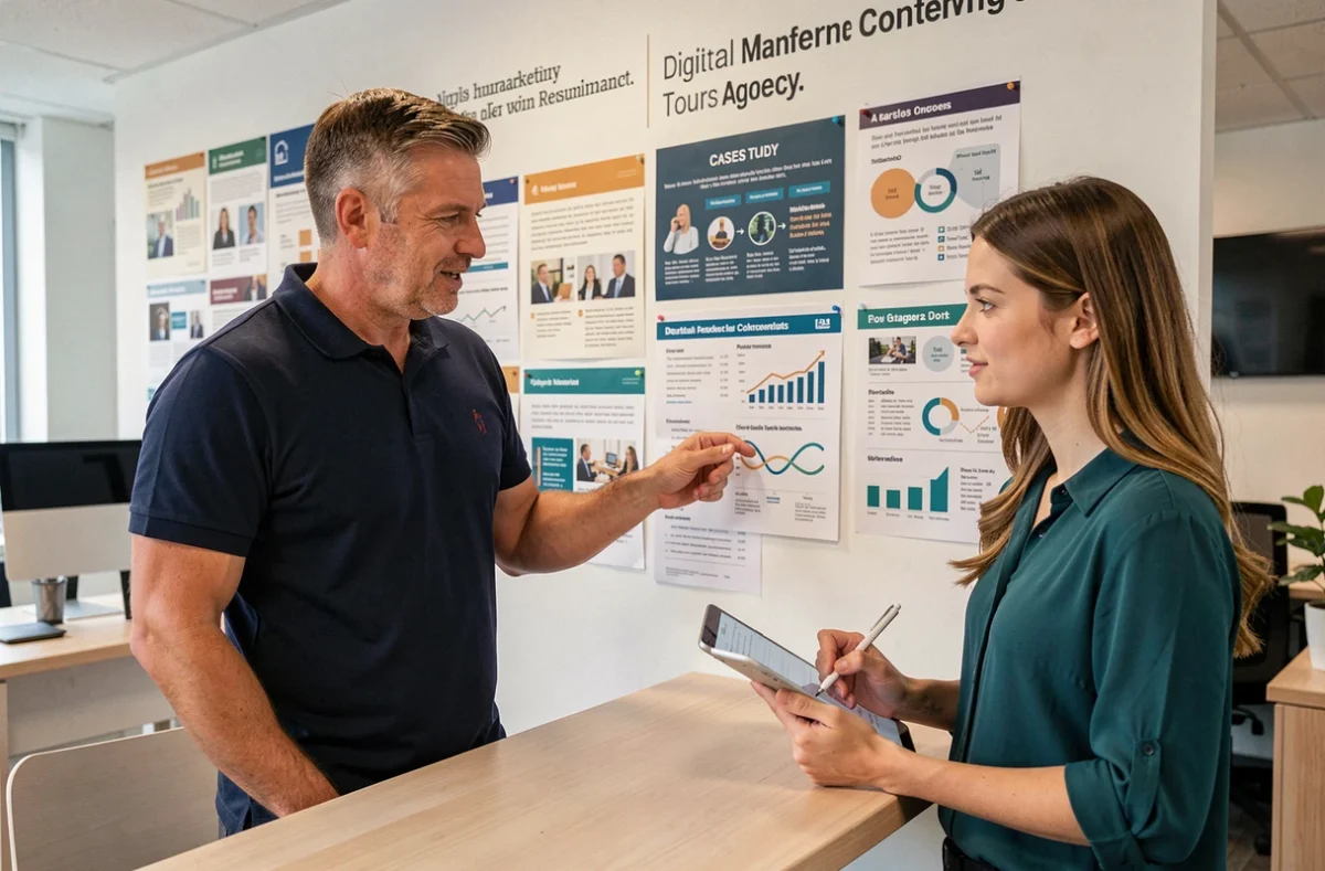 Consultant en marketing digital de l'agence FH Digital à Tours présentant des résultats clients à une collègue dans un bureau moderne avec des infographies murales