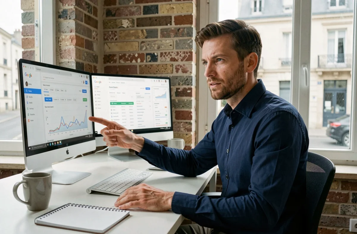 Consultant SEO de l'agence Romuald Paris à Orléans analysant des données de référencement naturel sur un double écran dans un bureau moderne