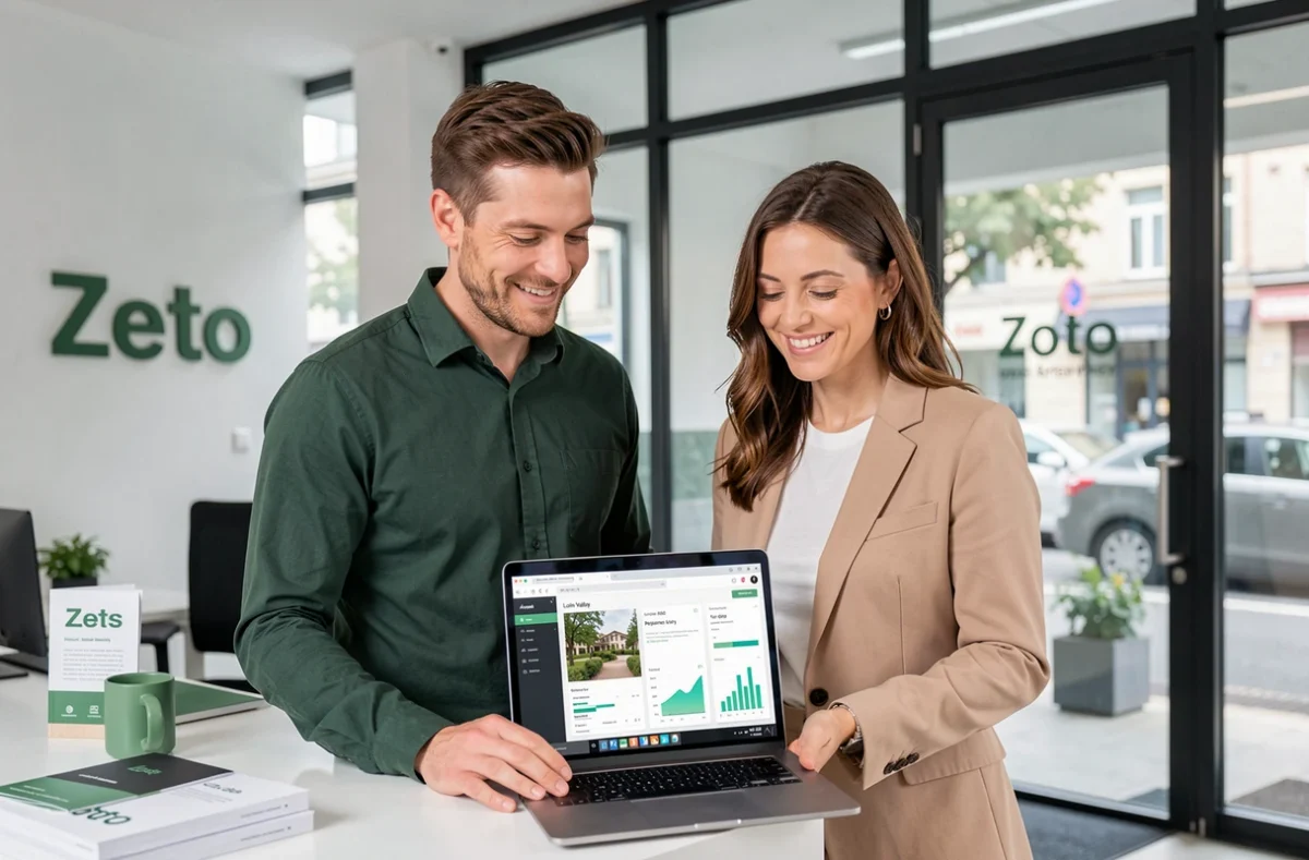 Duo de responsables de l'agence Zesto à Blois consultant un rapport SEO local sur ordinateur portable dans leur bureau moderne aux grandes fenêtres vitrées