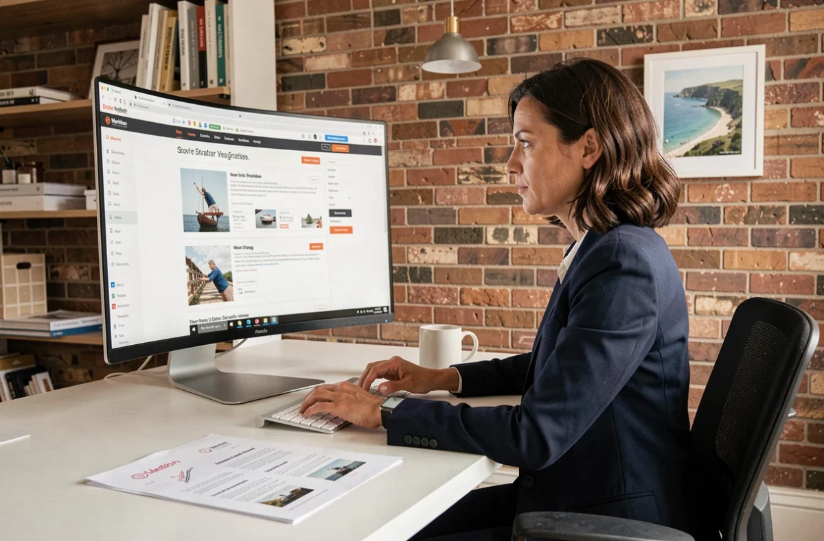 Consultante de l'agence web Soledis analysant une stratégie e-commerce sur écran dans un bureau moderne