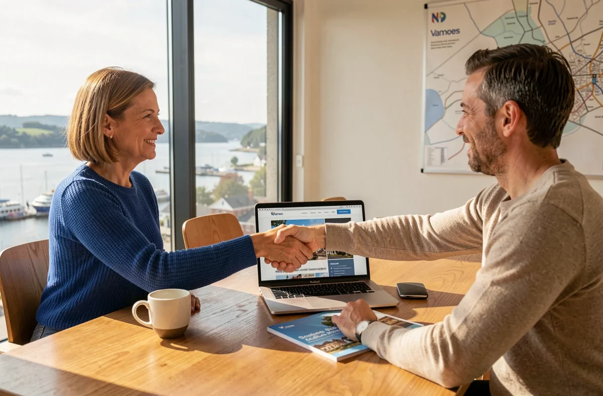 Consultante de Vannes Web concluant un partenariat avec un client local dans un bureau face au Golfe du Morbihan