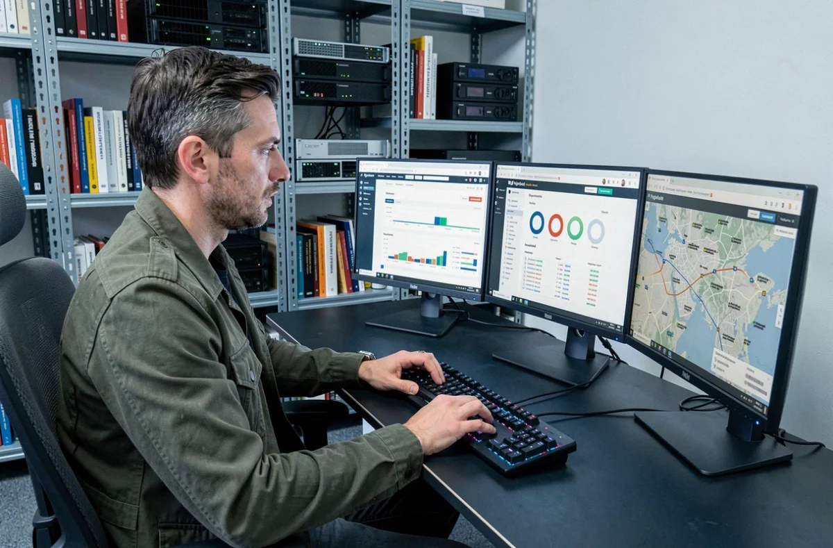 Développeur et spécialiste SEO de l'agence Tektos à Saint-Jean-de-Braye travaillant sur trois écrans affichant des données d'analyse de performance web