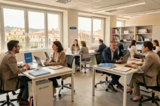 Vue générale d'une agence d'intérim en Occitanie avec des candidats et des conseillers en emploi