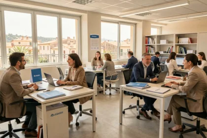 Vue générale d'une agence d'intérim en Occitanie avec des candidats et des conseillers en emploi