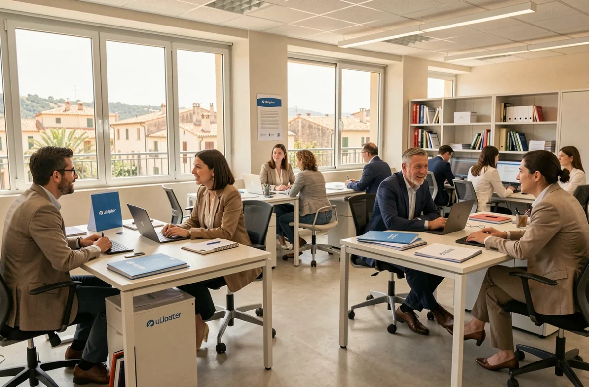 Vue générale d'une agence d'intérim en Occitanie avec des candidats et des conseillers en emploi
