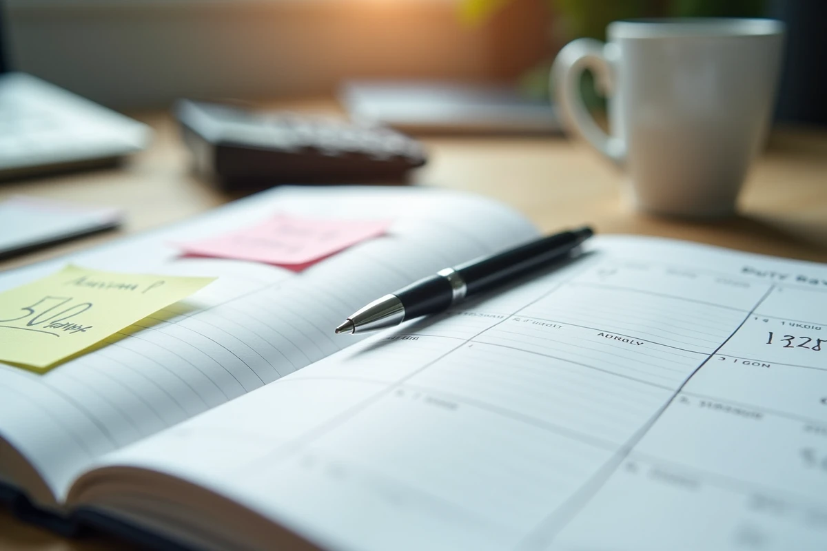 Gros plan sur un agenda de bureau ouvert avec calculatrice et notes manuscrites illustrant le calcul du taux horaire selon les jours travaillés dans l'année