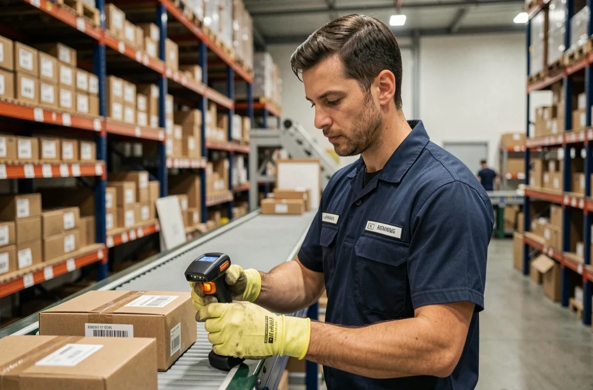 Agent logistique scannant un colis avec un lecteur de codes-barres dans un hub de tri de courrier à Harnes