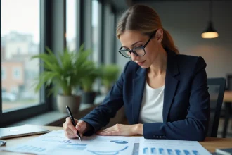 Femme cadre analysant des données économiques territoriales sur des graphiques imprimés dans un bureau moderne