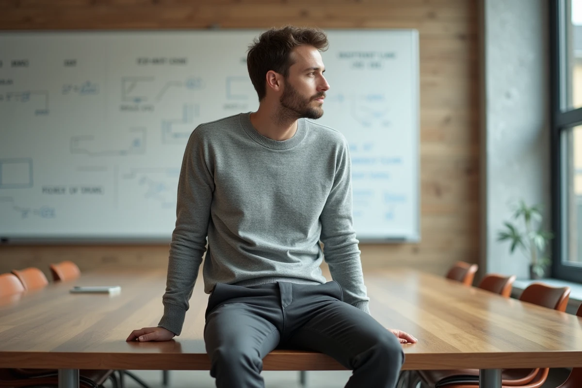 Entrepreneur de grande taille assis sur une table de réunion dans une salle de startup avec tableau blanc équations visibles