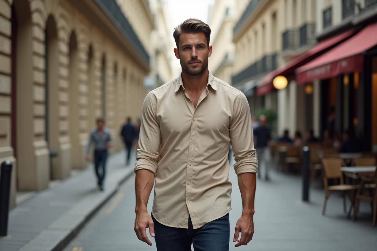 Jeune PDG de grande stature marchant sur un trottoir parisien haussmannien en tenue décontractée style reportage éditorial