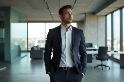 Portrait 3/4 d'un jeune dirigeant tech élancé en blazer marine dans un bureau moderne parisien au style éditorial