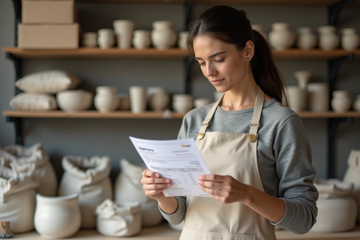 Artisane en céramique consultant un document Ebatpro dans son atelier de poterie pour bien démarrer