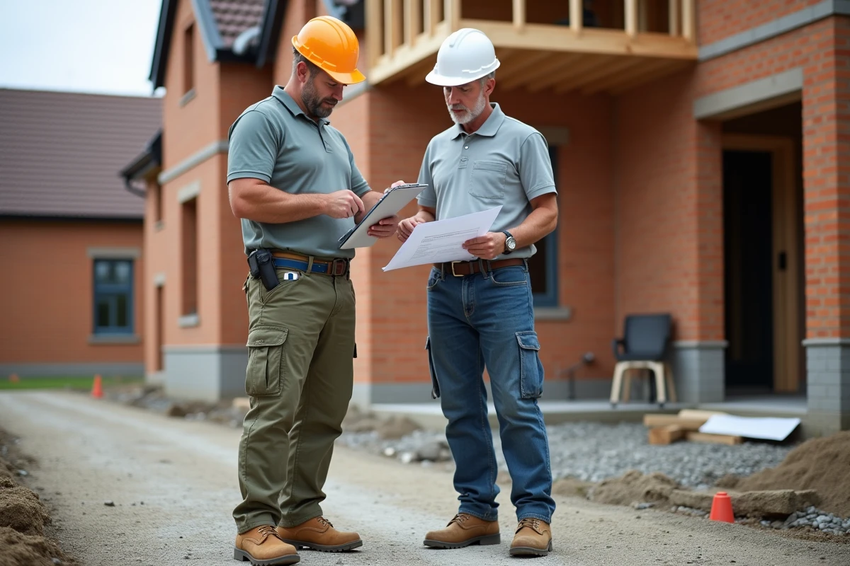 Deux artisans BTP consultant et comparant des devis sur un chantier résidentiel