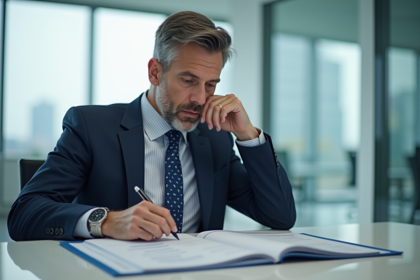 Auditeur financier en costume analysant des rapports