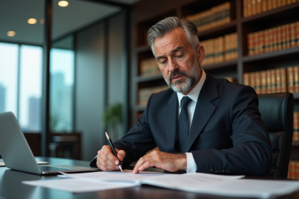 Avocat d'affaires en train de revoir des documents dans un bureau moderne