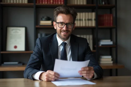 Avocat français en costume noir dans son bureau moderne