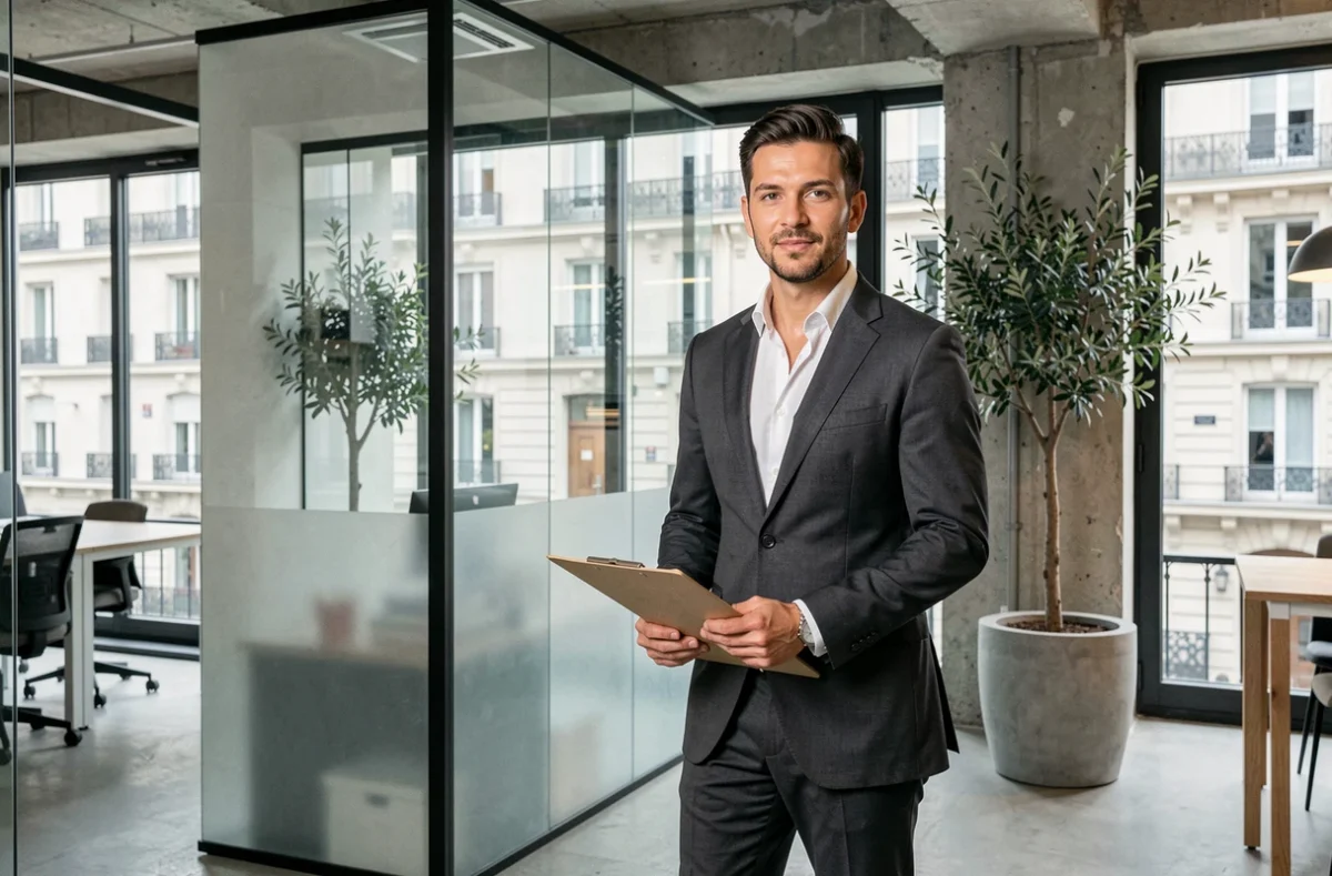 Avocat en costume dans un espace de bureau partagé moderne à Paris avec verrière et vue sur boulevard