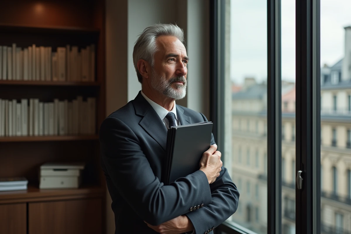 Avocat mature regardant par la fen&ecirc;tre dans un bureau parisien