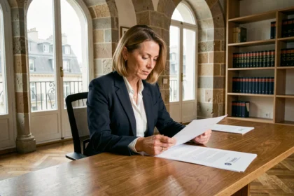 Avocate parisienne travaillant dans un bureau en sous-location avec vue sur les toits haussmanniens de Paris