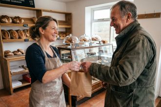 Boulangère artisanale remettant une commande à un client fidèle dans une boulangerie de quartier