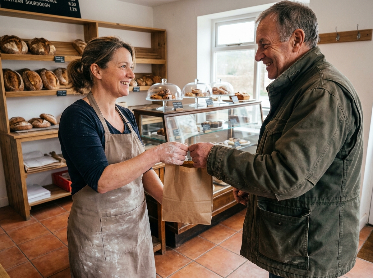 Boulangère artisanale remettant une commande à un client fidèle dans une boulangerie de quartier