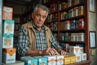 Vendeur de tabac espagnol d'âge moyen derrière le comptoir