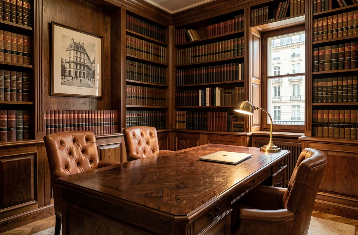 Bureau d'avocat meublé disponible en sous-location à Paris avec bibliothèque juridique et vue sur cour intérieure