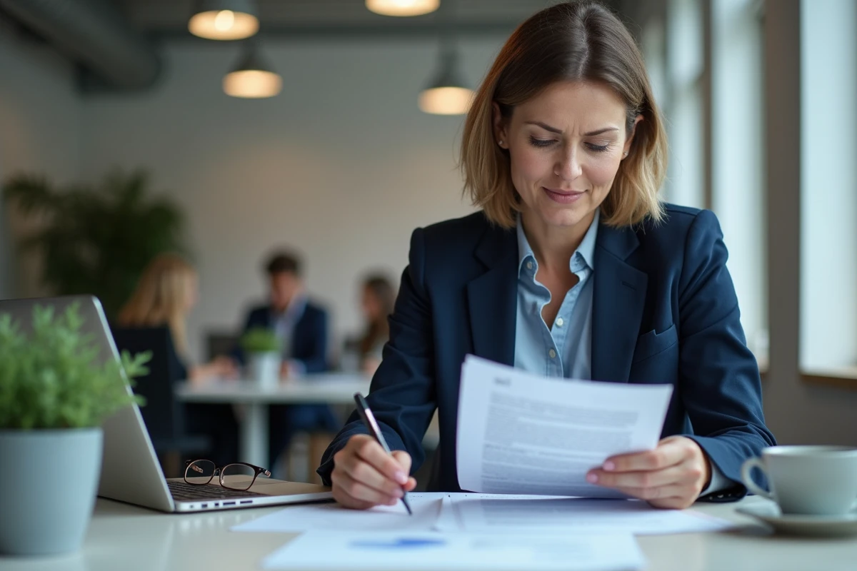 Cadre féminine en blazer marine examinant un contrat de travail dans un open space professionnel moderne