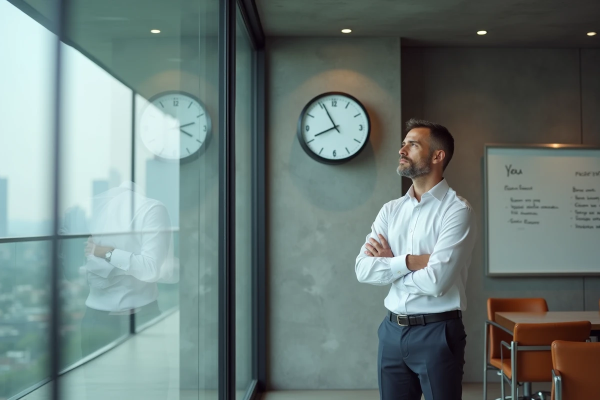 Cadre masculin en salle de réunion regardant l'horloge, illustrant les limites du temps de travail des cadres