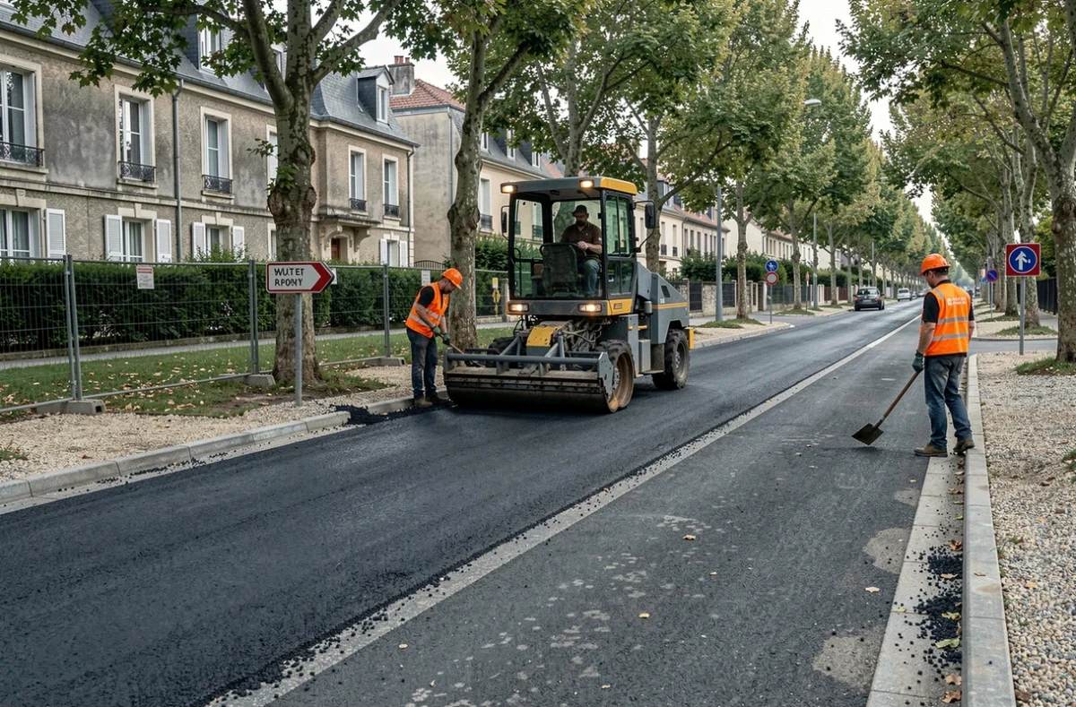 Chantier de revêtement routier en banlieue française avec une machine à enrober et des ouvriers en vestes haute visibilité sur une route à deux voies