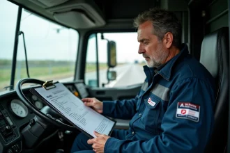 Chauffeur routier salarié dans la cabine de son camion examinant sa fiche de paie avec le taux horaire 2026