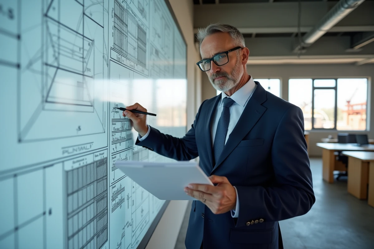 Chef de projet en chantier avec plans et manuel de normes